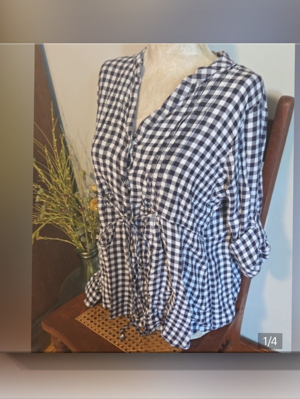 Route 66 Dark Navy and White Gingham Tie Front  Peplum Top Size Lg
